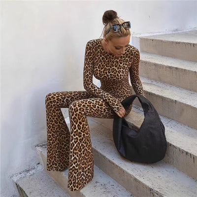 Leopard Print Jumpsuit - Backless Long Sleeve Style