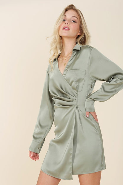 Satin Collared Long Sleeve Wrap Mini Dress
