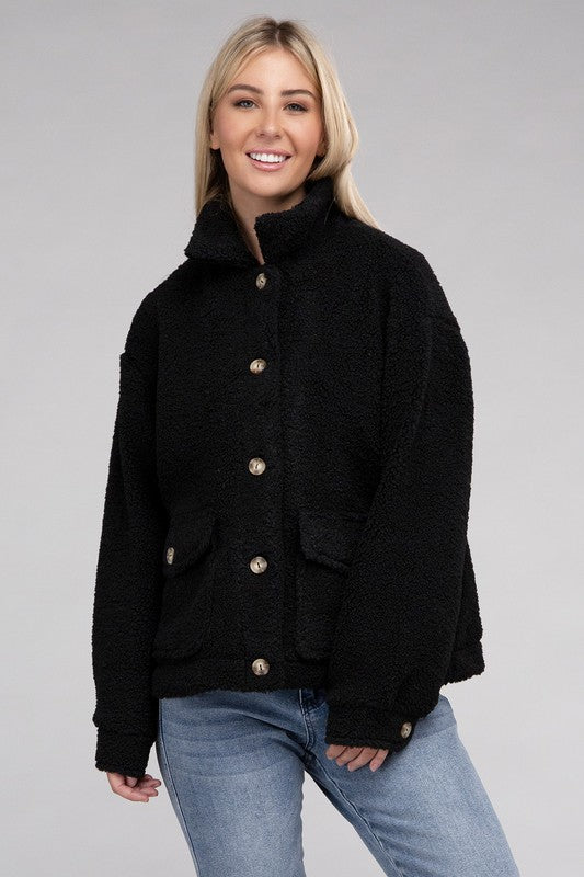 Cozy Sherpa Button-Front Long Sleeve Jacket