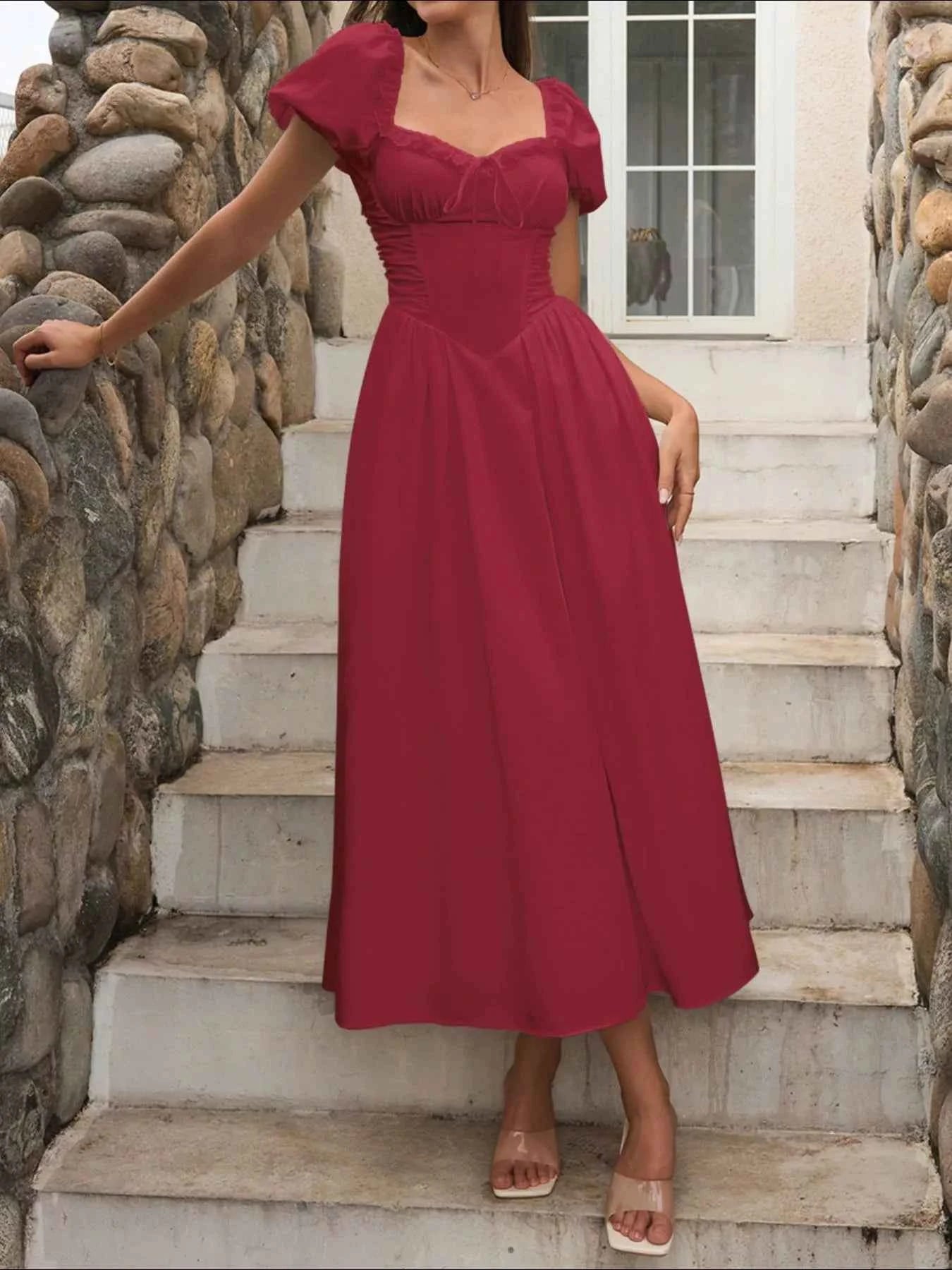 Sweetheart Neck Puff Sleeve Midi Dress