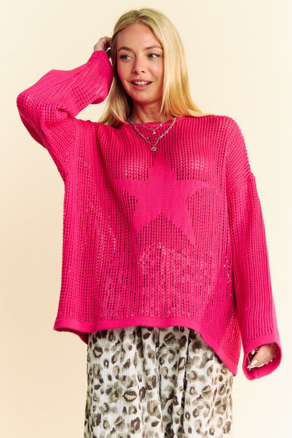 Deep Rose Star Front Crochet Drop Shoulder Knit Top