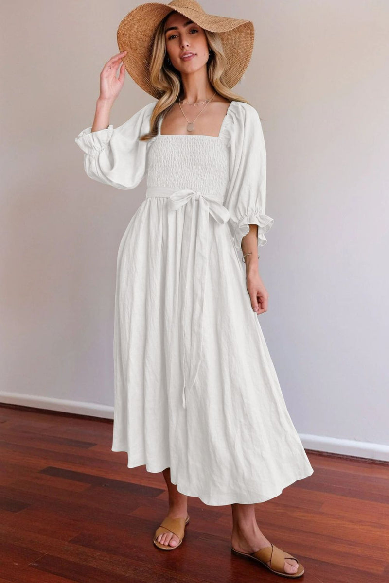 Smocked Square Neck Flounce Sleeve Midi Dress