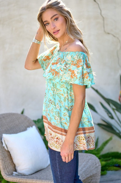 Printed Off Shoulder Smocked Top