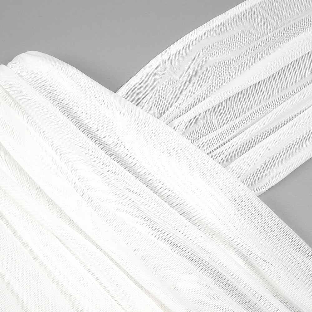 Sheer Mesh Backless Dress - White Halter Long Sleeve