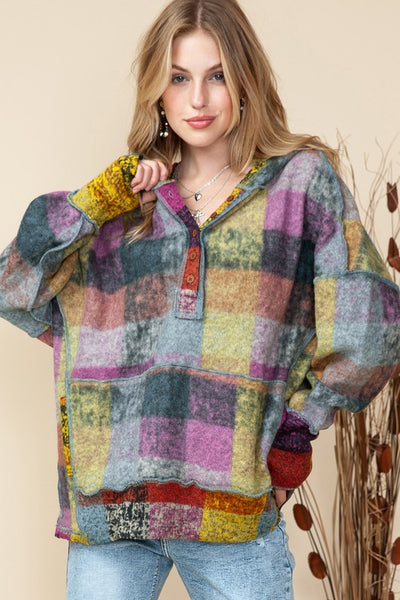 Plus Red Green Mustard Plaid Inside-out Hood Tunic Top