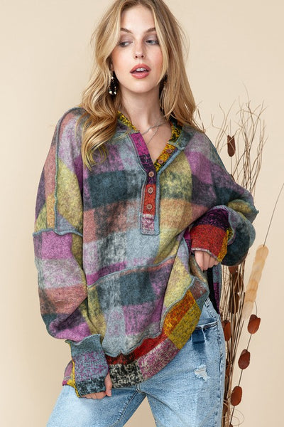 Plus Red Green Mustard Plaid Inside-out Hood Tunic Top