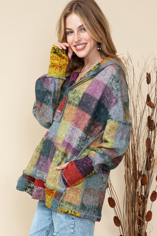 Plus Red Green Mustard Plaid Inside-out Hood Tunic Top