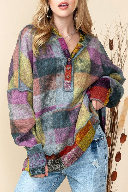 Plus Red Green Mustard Plaid Inside-out Hood Tunic Top