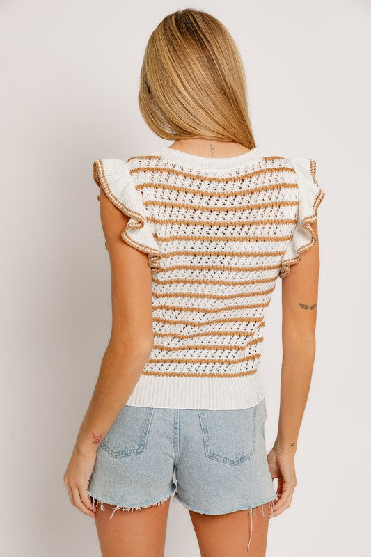 Round Neck Ruffle Sleeve Stripe Knit Sleeveless Top