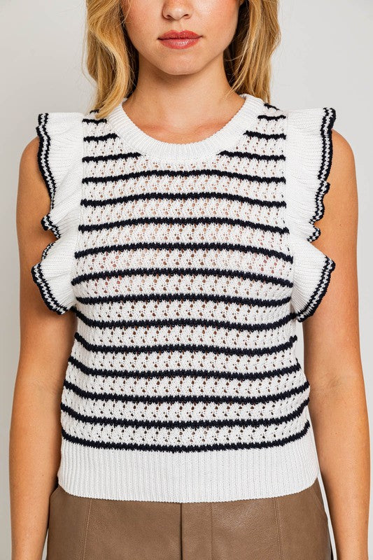 Round Neck Ruffle Sleeve Stripe Knit Sleeveless Top