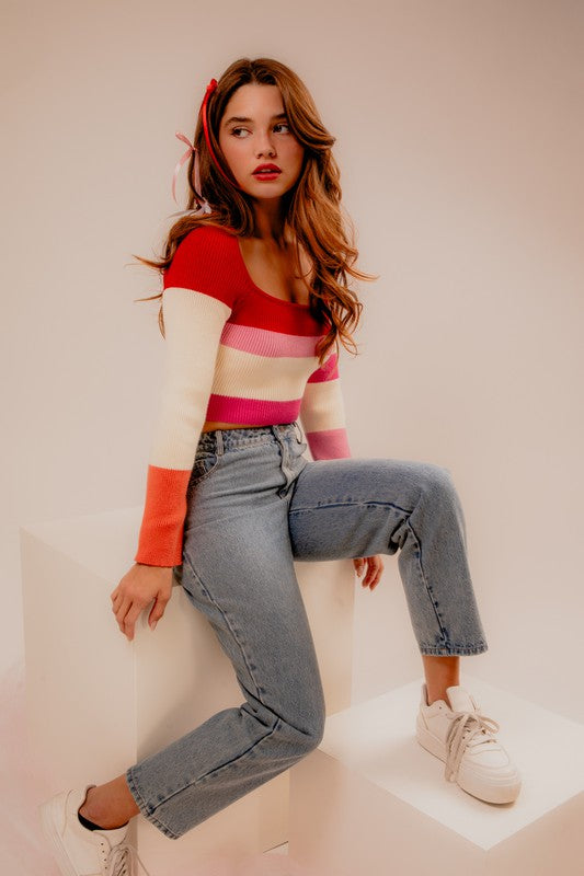 Ribbed Long Sleeve Color Block Stripe Knit Cropped Top