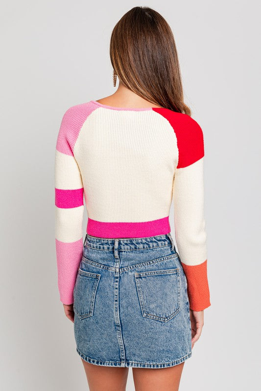 Ribbed Long Sleeve Color Block Stripe Knit Cropped Top