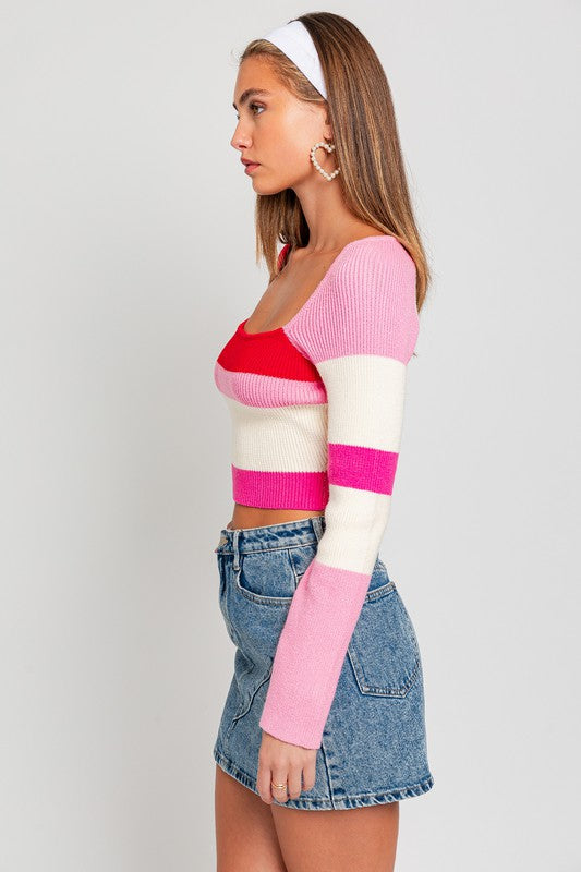 Ribbed Long Sleeve Color Block Stripe Knit Cropped Top