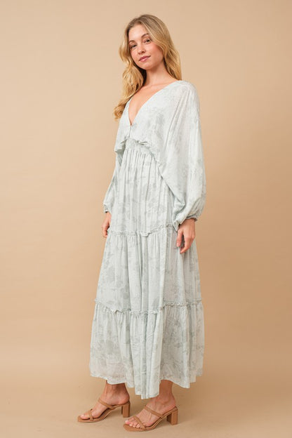 Jacquard Floral Dolman Ruffle Tie Tassel Maxi Dress