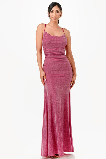 Sparkling Jacquard Cowl Neck Long Maxi Dress