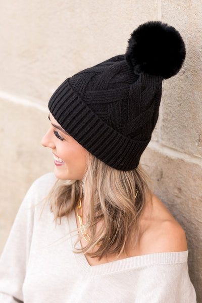 Chunky Knit Fur Pom Beanie - Fashions Envy