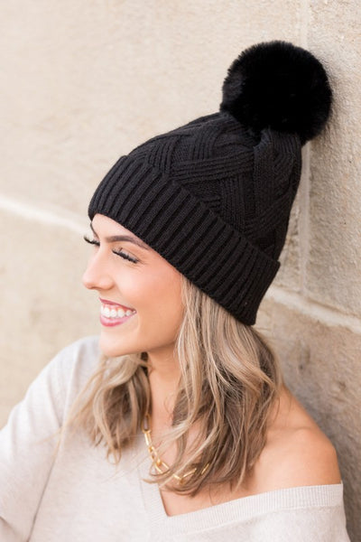 Chunky Knit Fur Pom Beanie - Fashions Envy