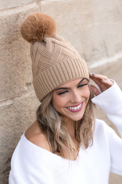 Chunky Knit Fur Pom Beanie - Fashions Envy