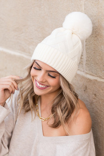 Chunky Knit Fur Pom Beanie - Fashions Envy