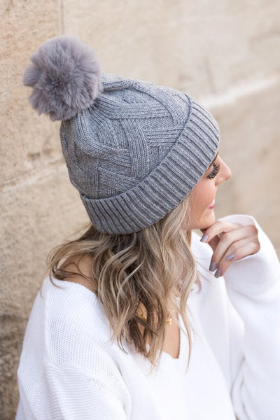 Chunky Knit Fur Pom Beanie - Fashions Envy