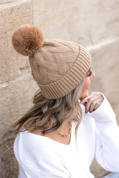 Chunky Knit Fur Pom Beanie - Fashions Envy