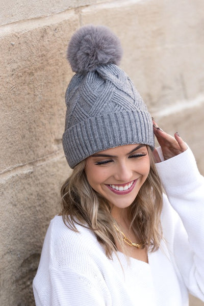 Chunky Knit Fur Pom Beanie - Fashions Envy