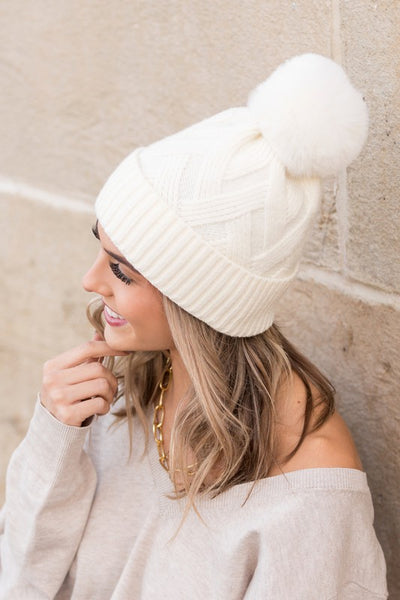 Chunky Knit Fur Pom Beanie - Fashions Envy