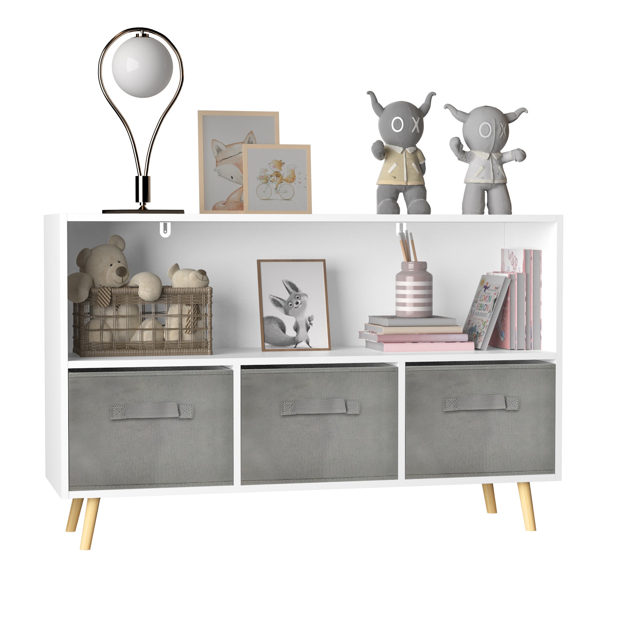 Kid’s Bookcase with Collapsible Drawers Toy Storage Organizer- White+Gray_4