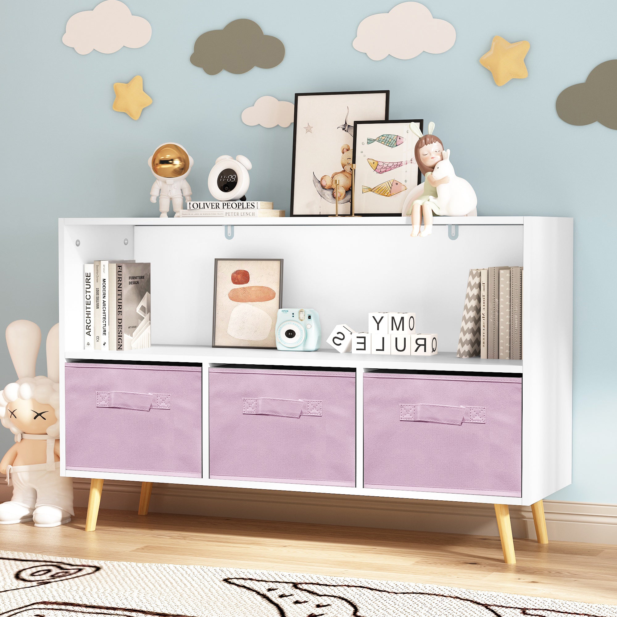 Kid’s Bookcase with Collapsible Drawers Toy Storage Organizer- White+Pink_10