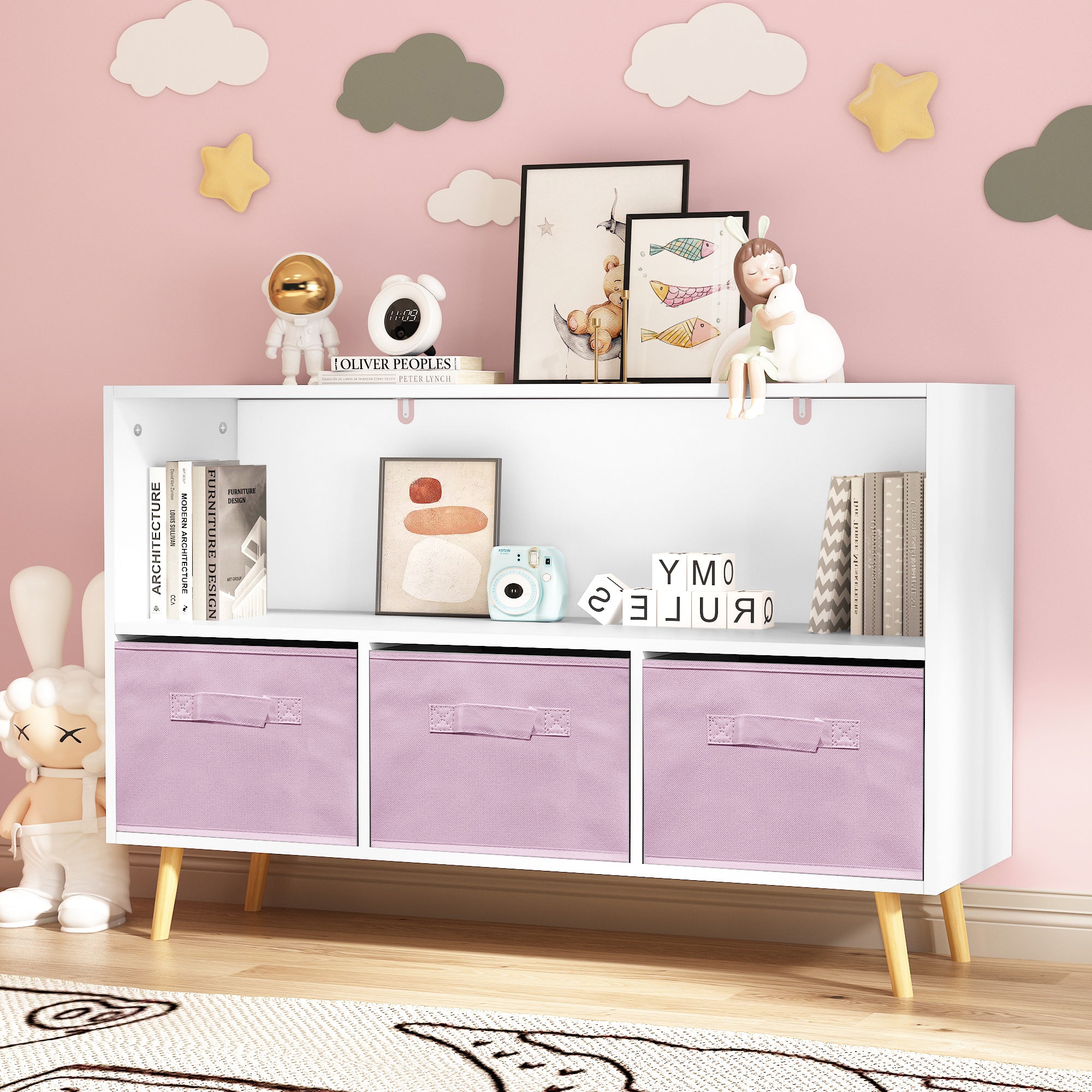 Kid’s Bookcase with Collapsible Drawers Toy Storage Organizer- White+Pink_7