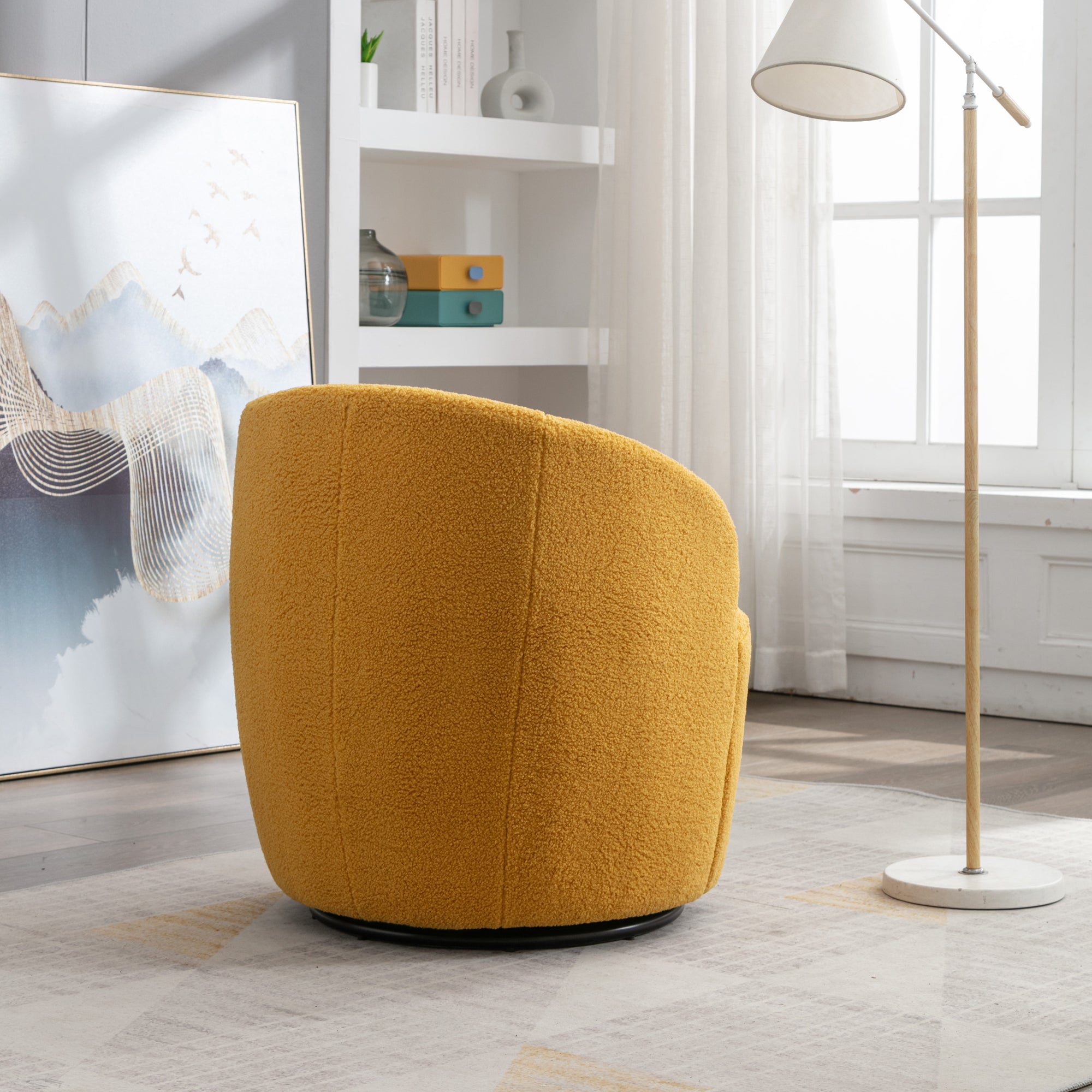 Teddy Fabric Swivel Accent Armchair Barrel Chair With Black Metal Ring- Yellow_10