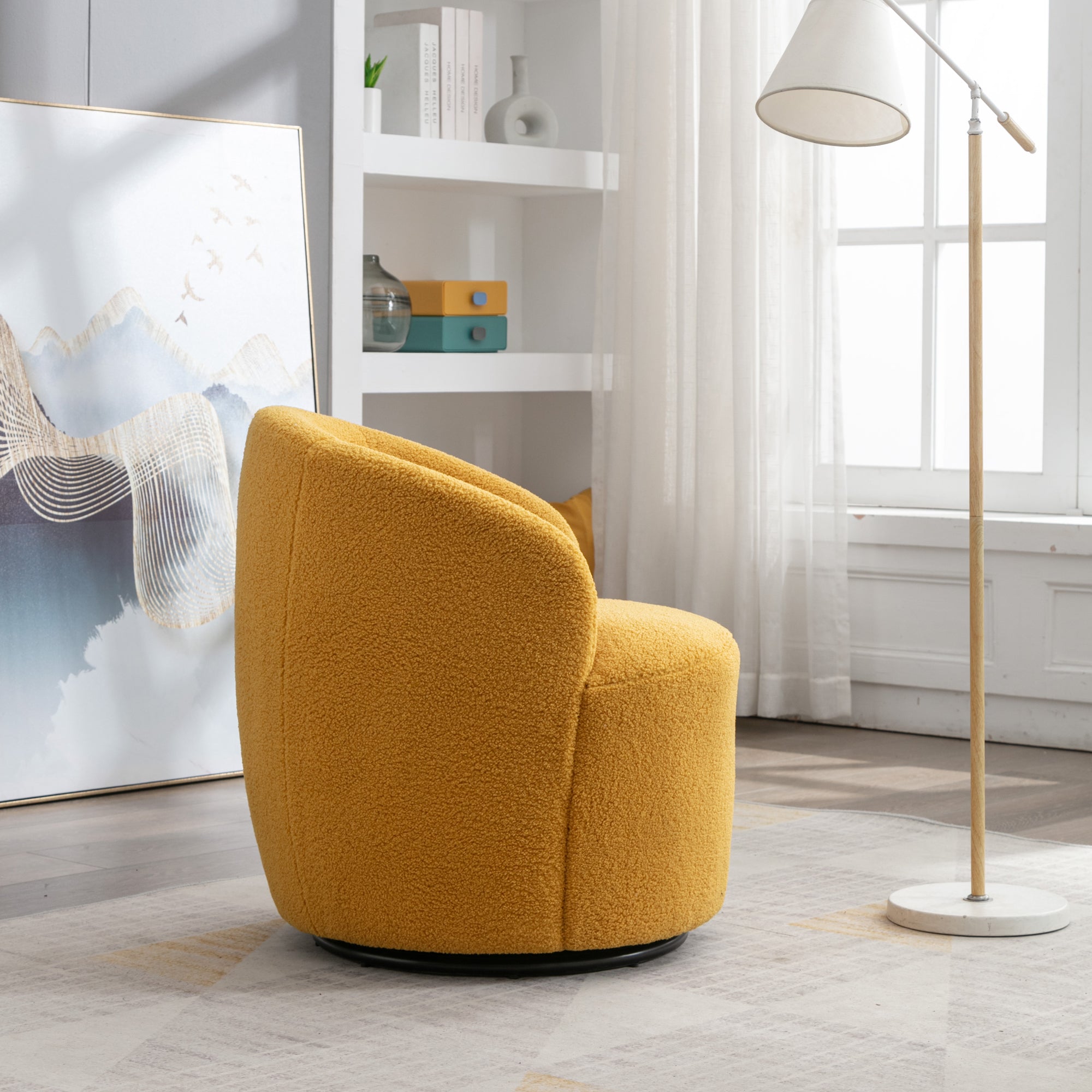 Teddy Fabric Swivel Accent Armchair Barrel Chair With Black Metal Ring- Yellow_11