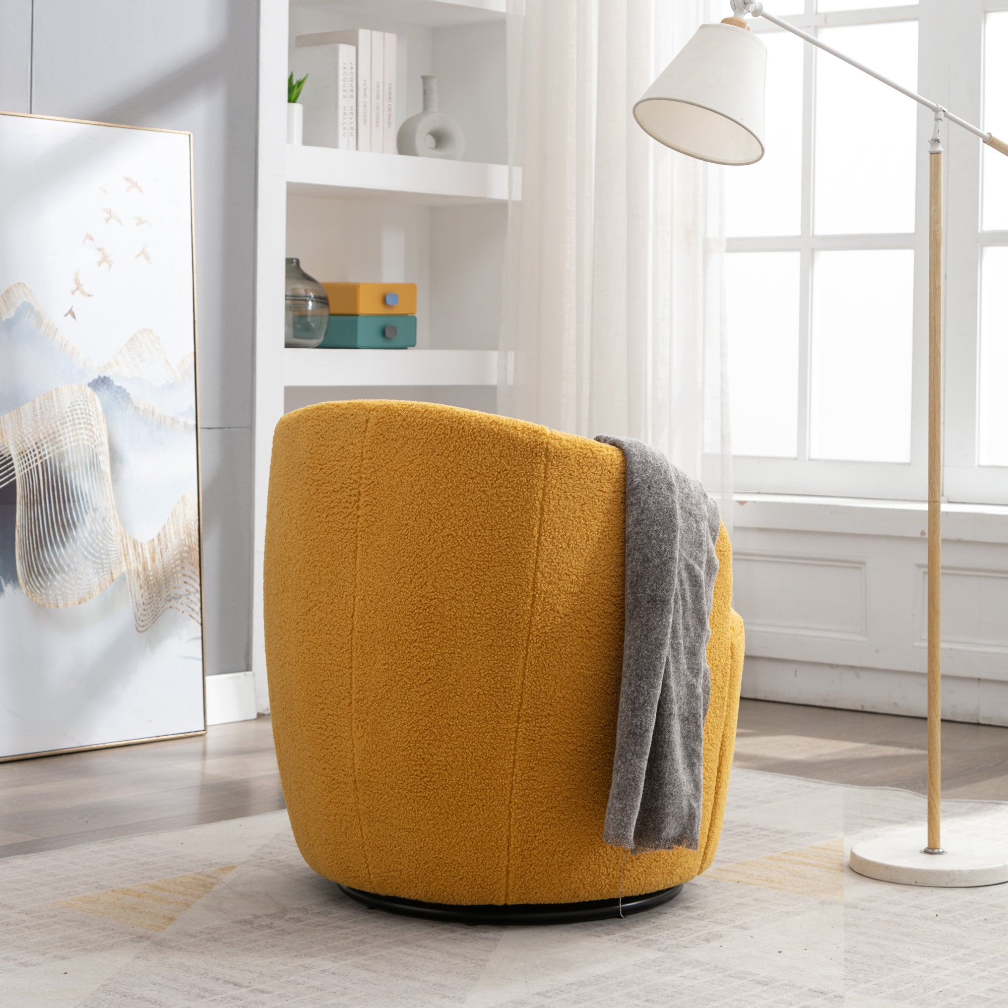 Teddy Fabric Swivel Accent Armchair Barrel Chair With Black Metal Ring- Yellow_14