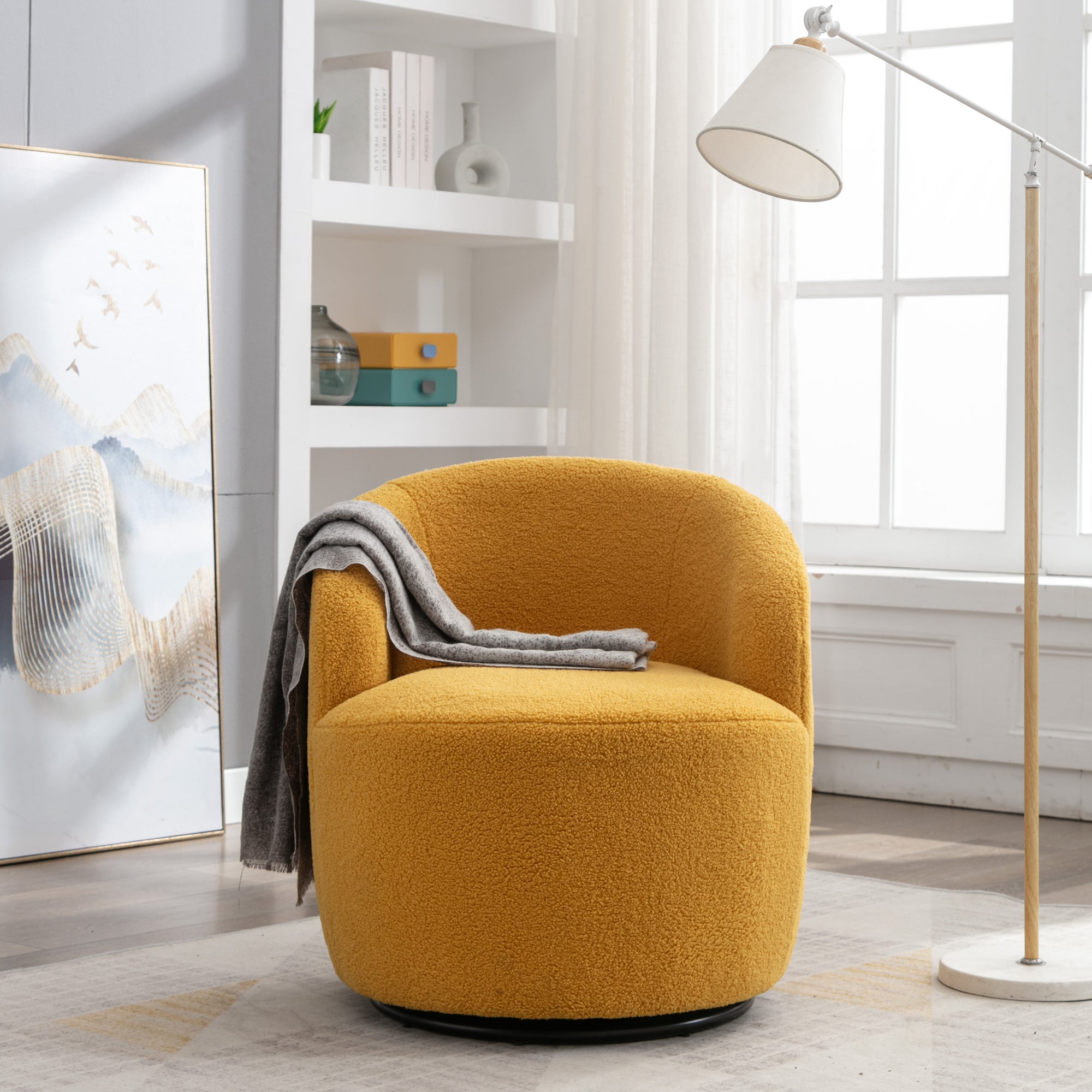 Teddy Fabric Swivel Accent Armchair Barrel Chair With Black Metal Ring- Yellow_18