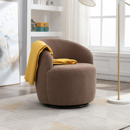 Teddy Fabric Swivel Accent Armchair Barrel Chair With Black Metal Ring- Coffee Brown_1