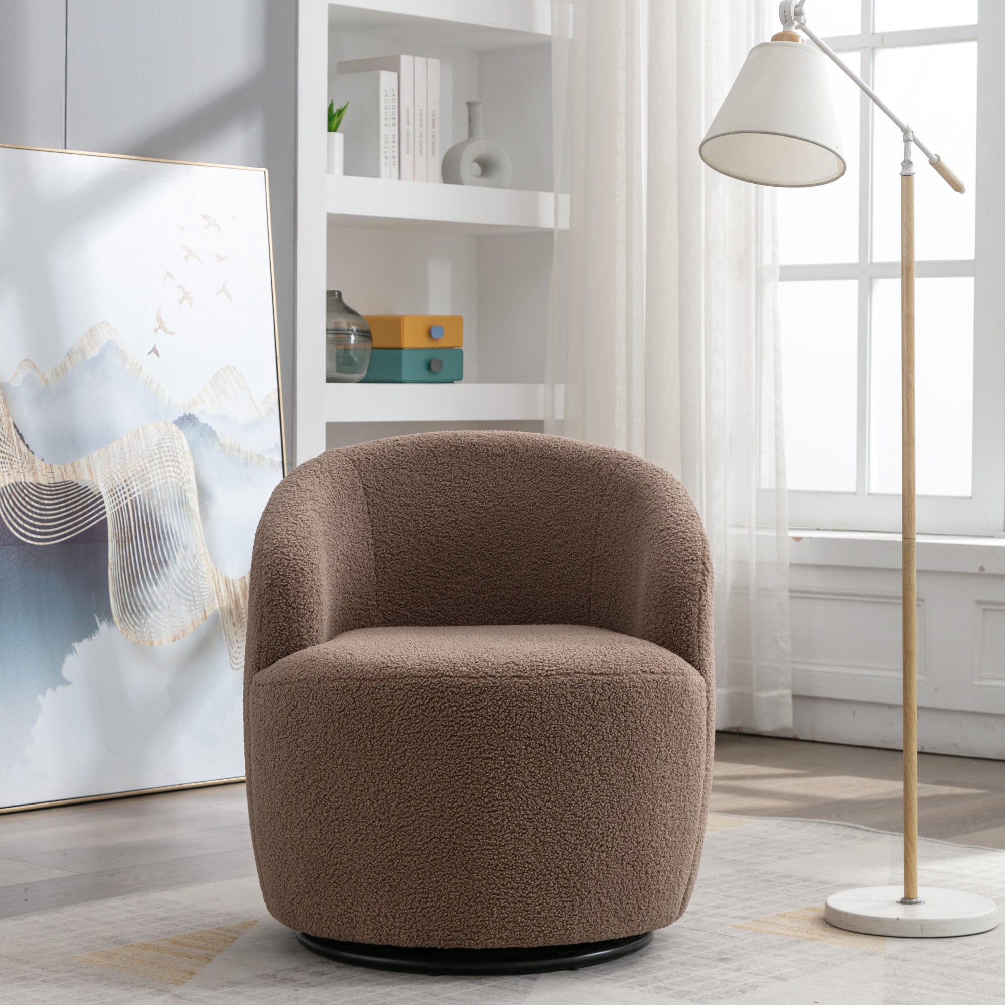 Teddy Fabric Swivel Accent Armchair Barrel Chair With Black Metal Ring- Coffee Brown_12