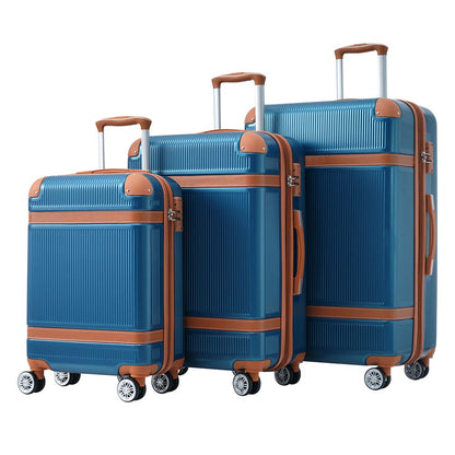 3 Piece Lightweight Hard-shell Luggage Sets double spinner 8 wheels Suitcase with TSA Lock - Blue_0