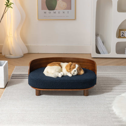 Scandinavian Style Elevated Dog Bed Walnut Wood Dark Blue Cushion_3