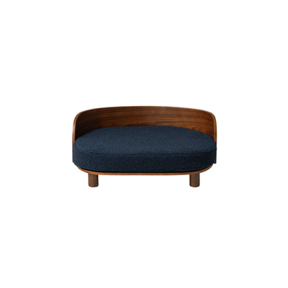 Scandinavian Style Elevated Dog Bed Walnut Wood Dark Blue Cushion_0