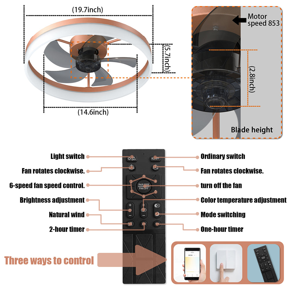 Rose Gold Modern Ceiling Fan with Dimmable LED Lights_7