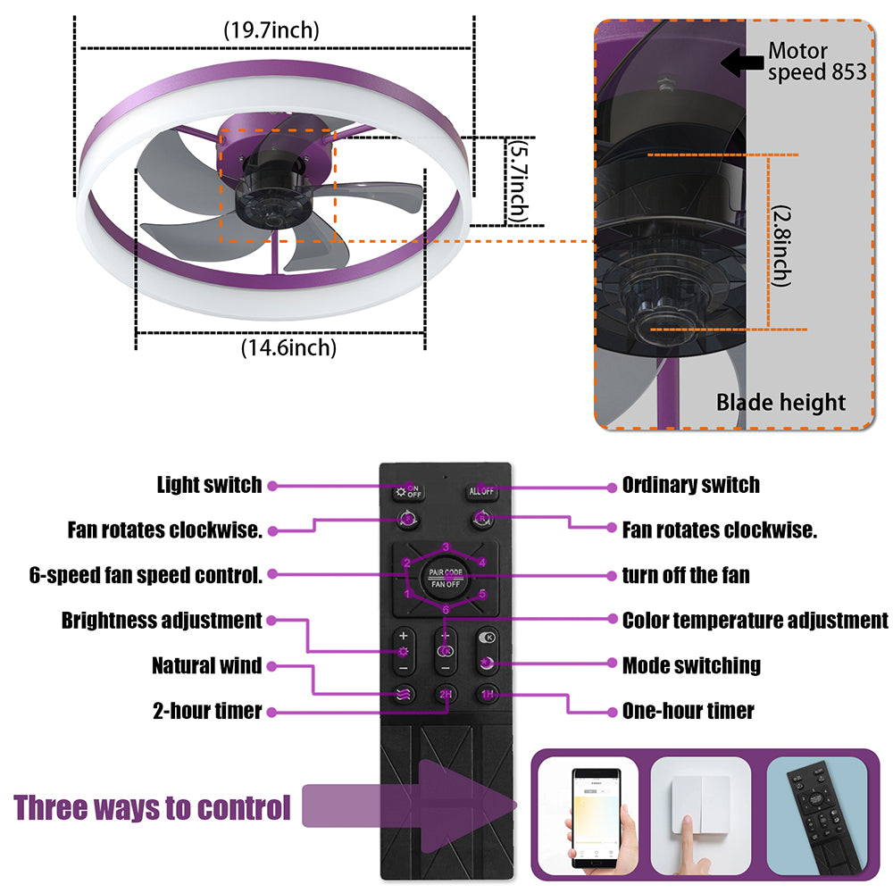 Modern Slim Ceiling Fan with Dimmable LED Lights - Purple_7