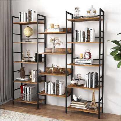 Triple Wide 5-Tier Industrial Bookshelf - Rustic Brown_6