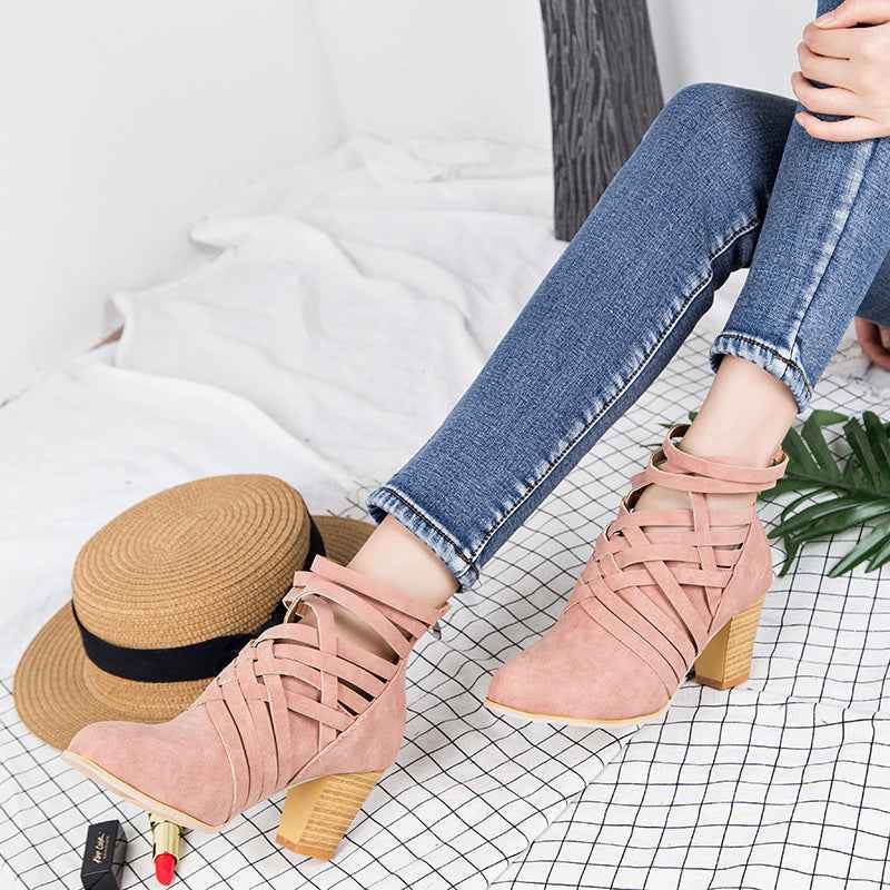 Women's Pointed Thick Heel Boots - Hollow Short Design - Fashions Envy