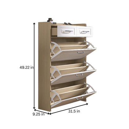 Modern 3 Door Shoe Cabinet with 2 Drawers Spacious White and Oak Design
