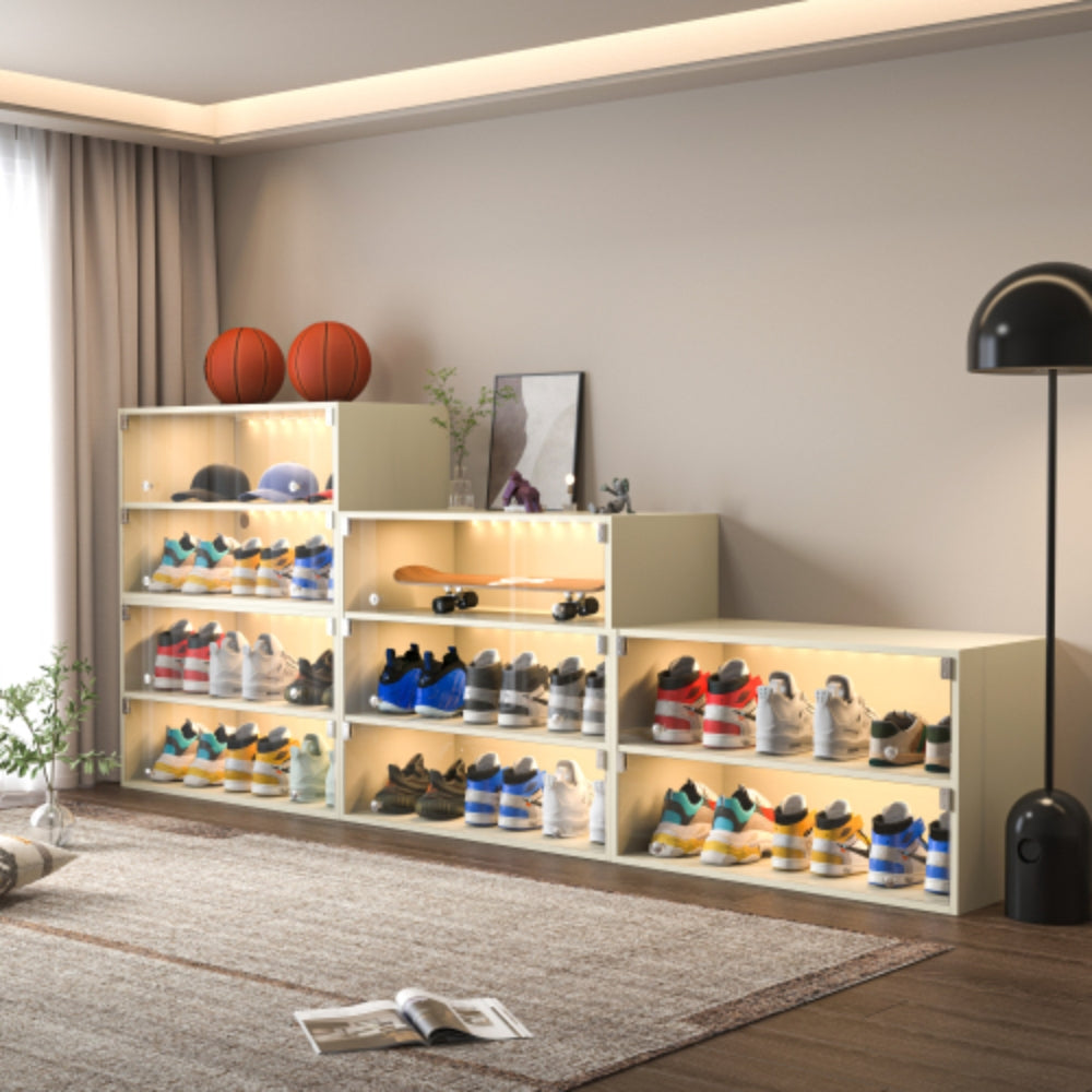 Off White Glass Door Shoe Box with RGB LED Light