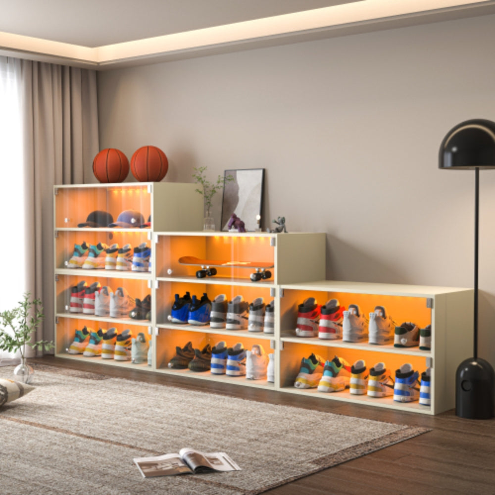 Off White Glass Door Shoe Box with RGB LED Light