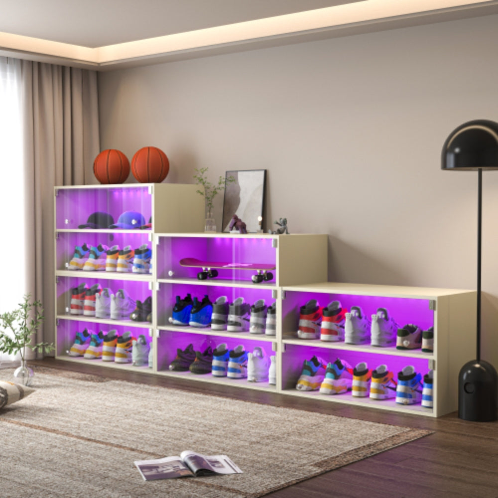 Off White Glass Door Shoe Box with RGB LED Light