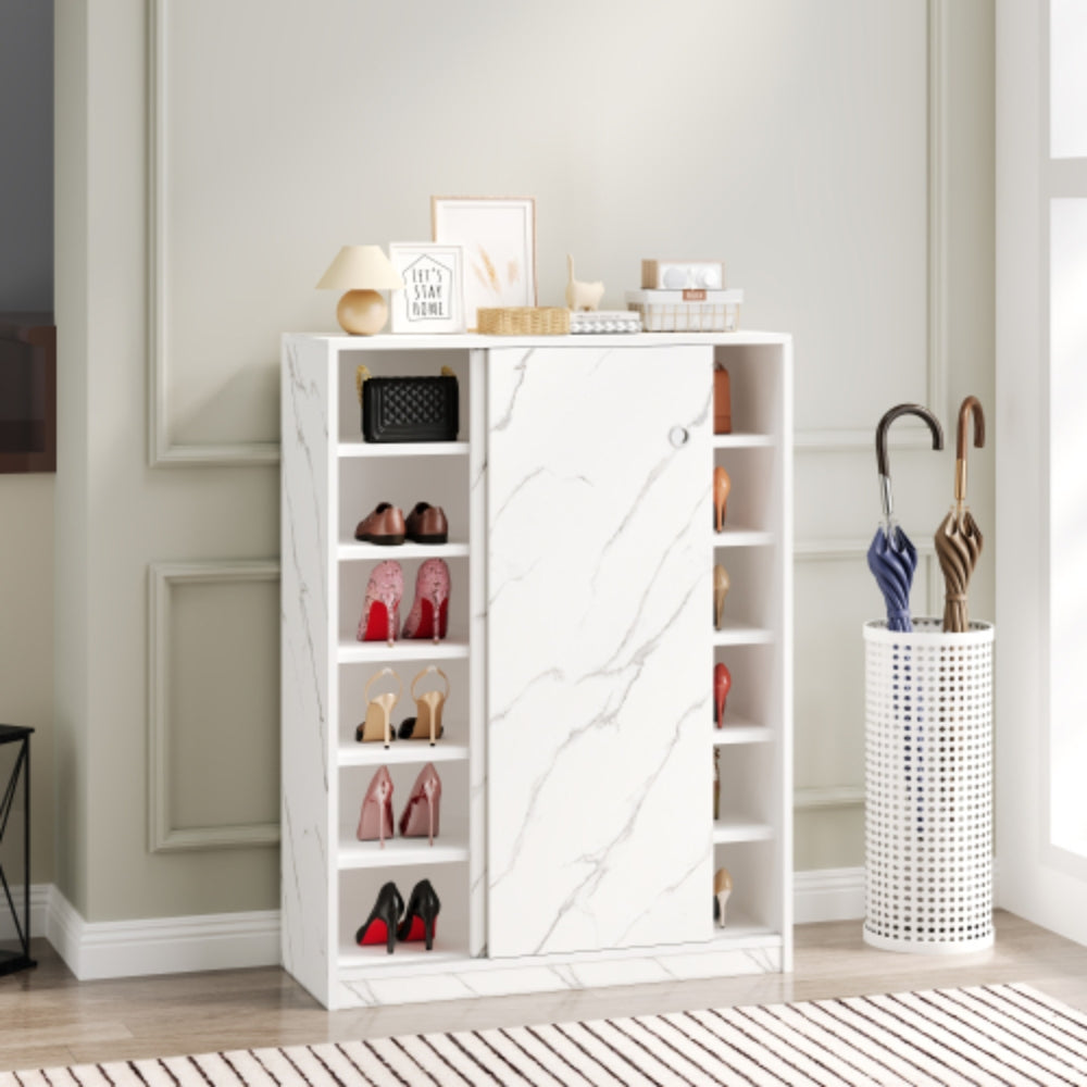 Stylish Marble White Shoe Cabinet with Sliding Door