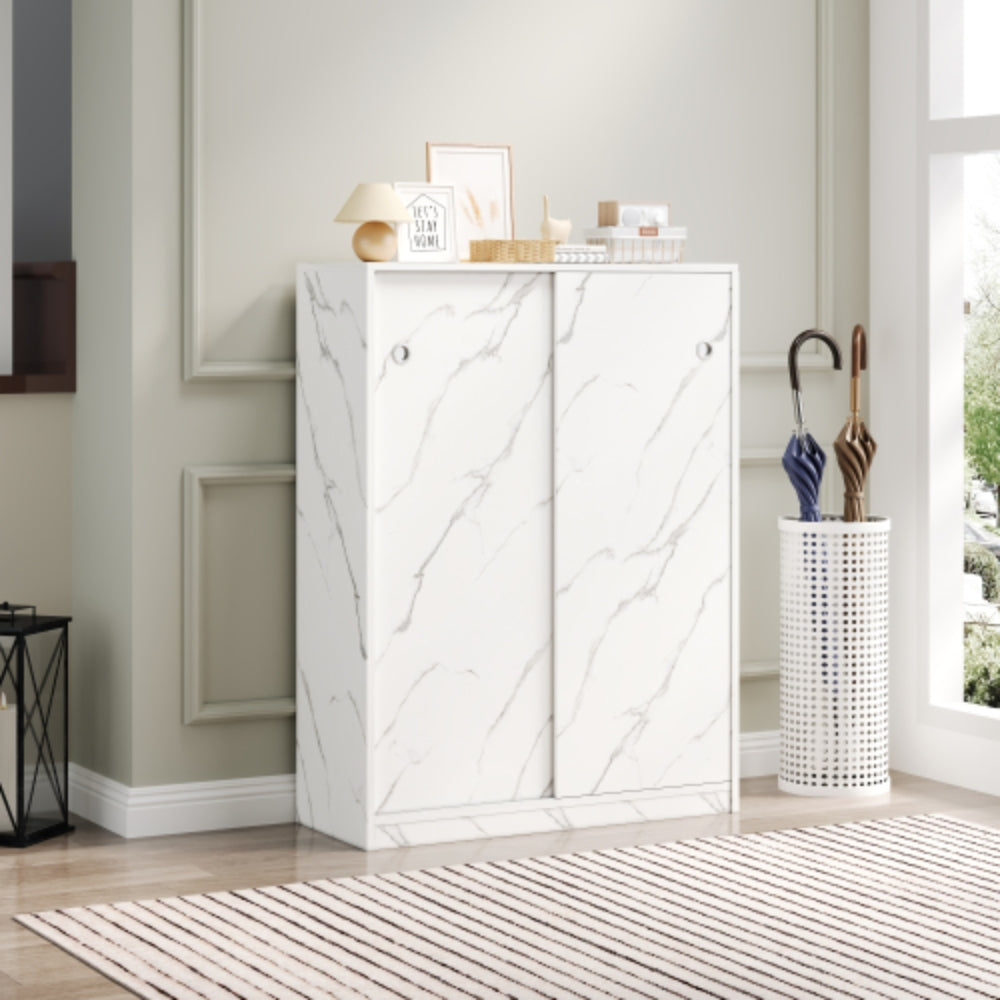Stylish Marble White Shoe Cabinet with Sliding Door