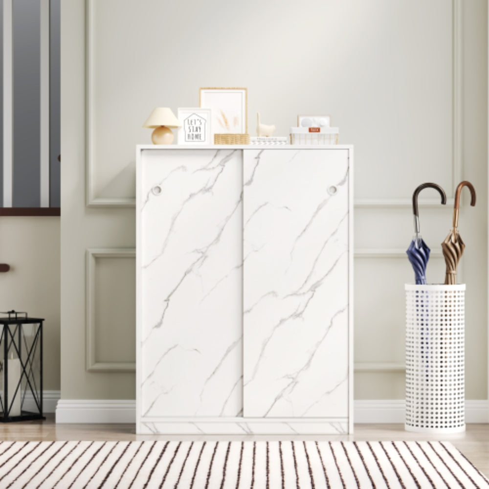 Stylish Marble White Shoe Cabinet with Sliding Door